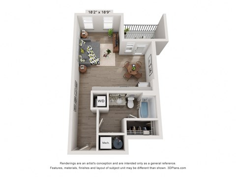 Floor plan for studio, 1 bath, 543 sqft